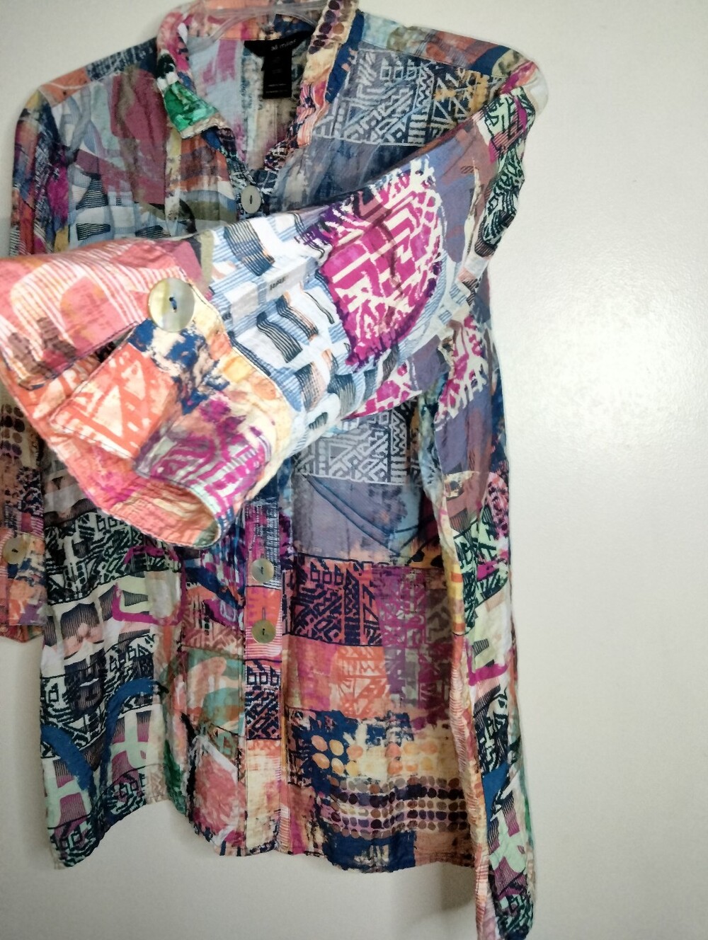Ali Miles (Size 1X) Multicolored Patchwork Rayon 3/4 Sleeves Button-Down Shirt - Picture 4 of 12